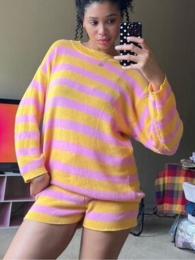 Striped knit shorts and sweater set, yellow and pink
